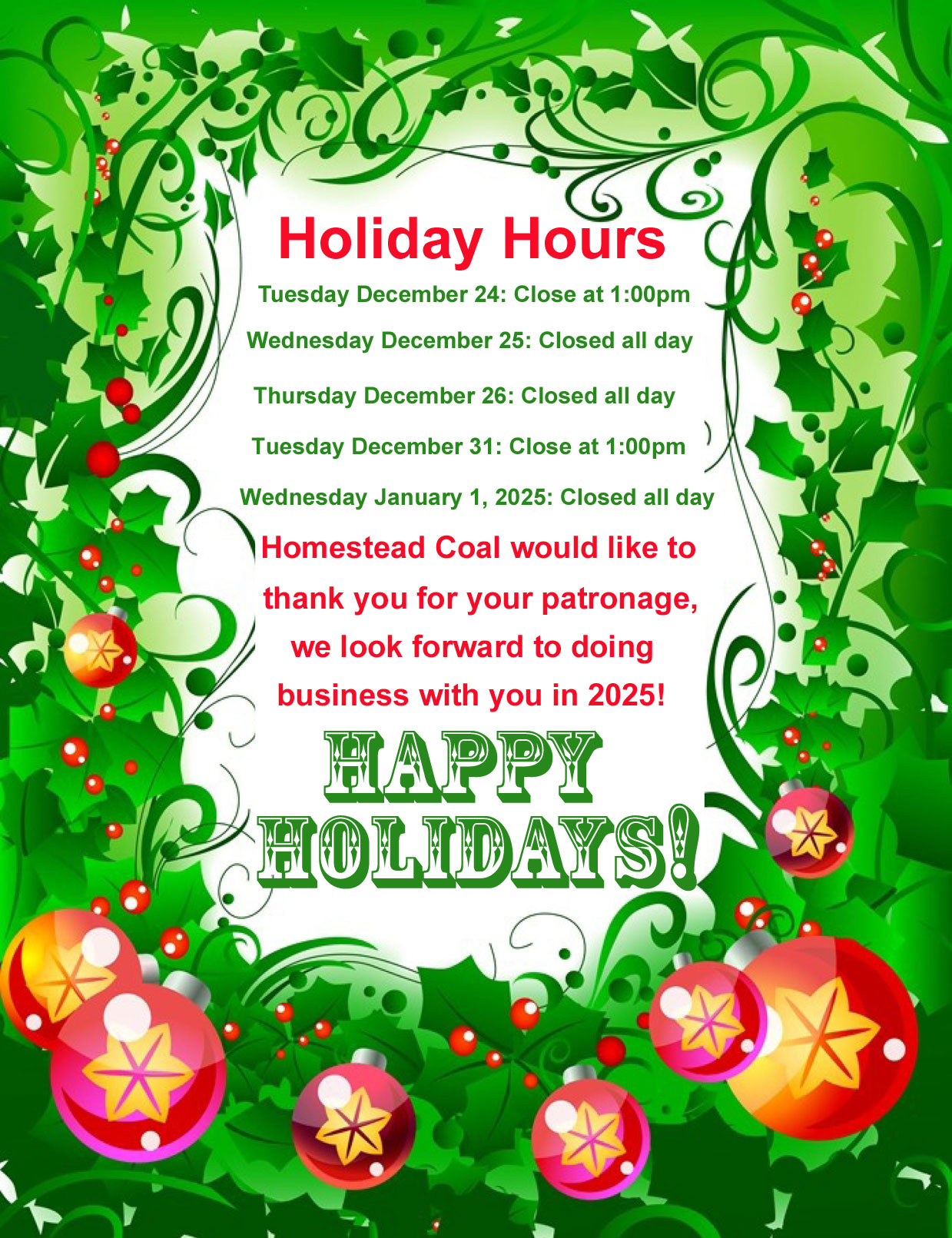 Homestead Coal Holiday Hours for 2024